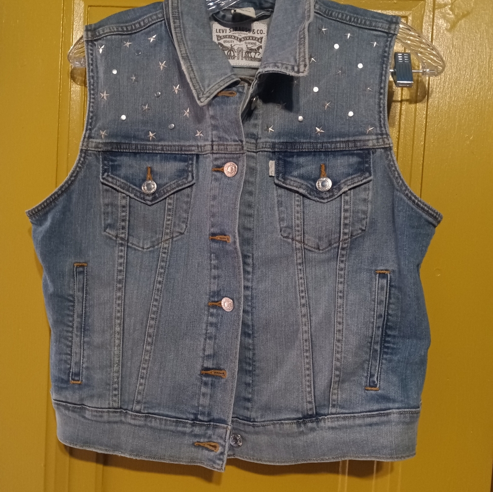 Levi's Silver and Blue Denim Vest with Studded Accents